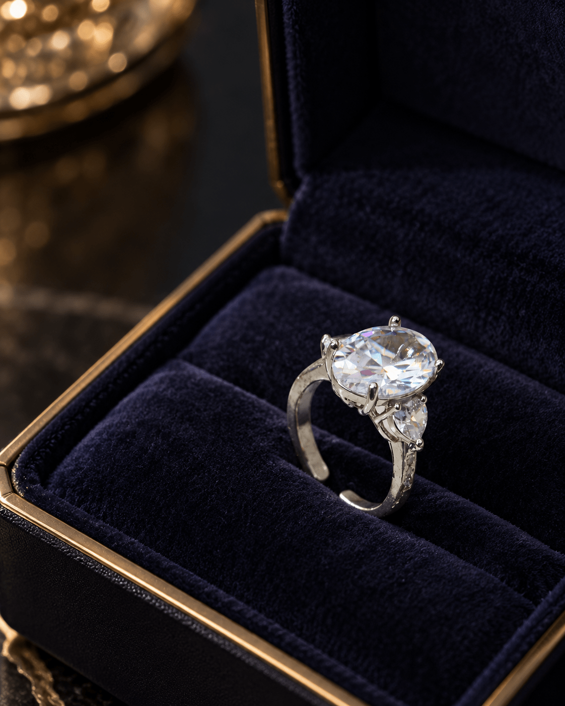 Clear Oval Three-Stone Ring with Heart Side Stones - Maxiblink
