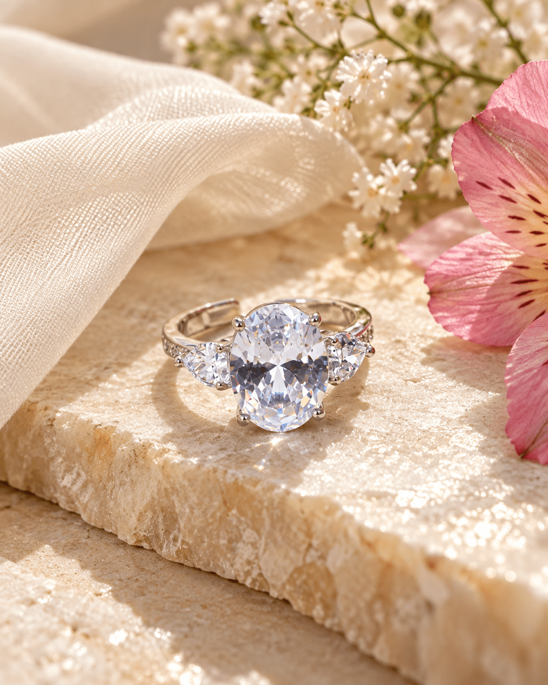 Clear Oval Three-Stone Ring with Heart Side Stones - Maxiblink