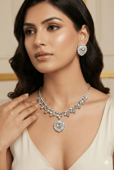 Clear White Korean Glass Stone Necklace Set | Premium Crystal Jewellery - Maxiblink