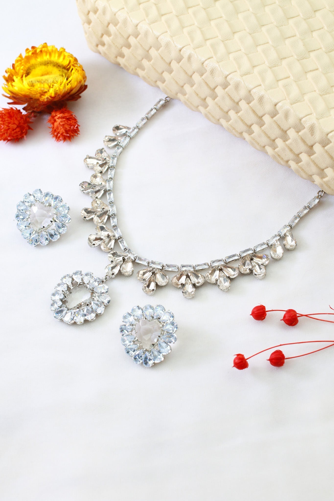 Clear White Korean Glass Stone Necklace Set | Premium Crystal Jewellery - Maxiblink