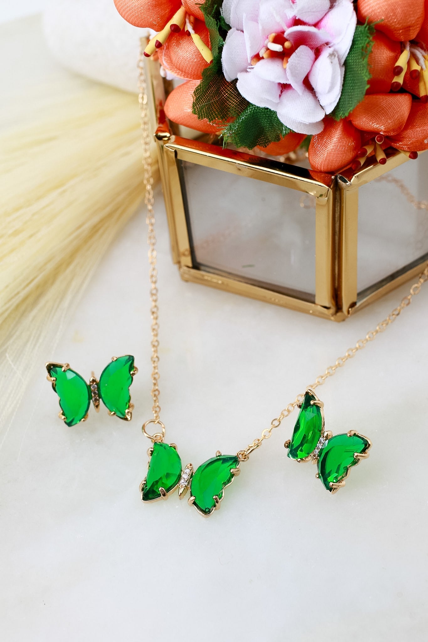 Colour-Pop Butterfly Necklace & Earrings Set - Acrylic Stone Charm Jewellery