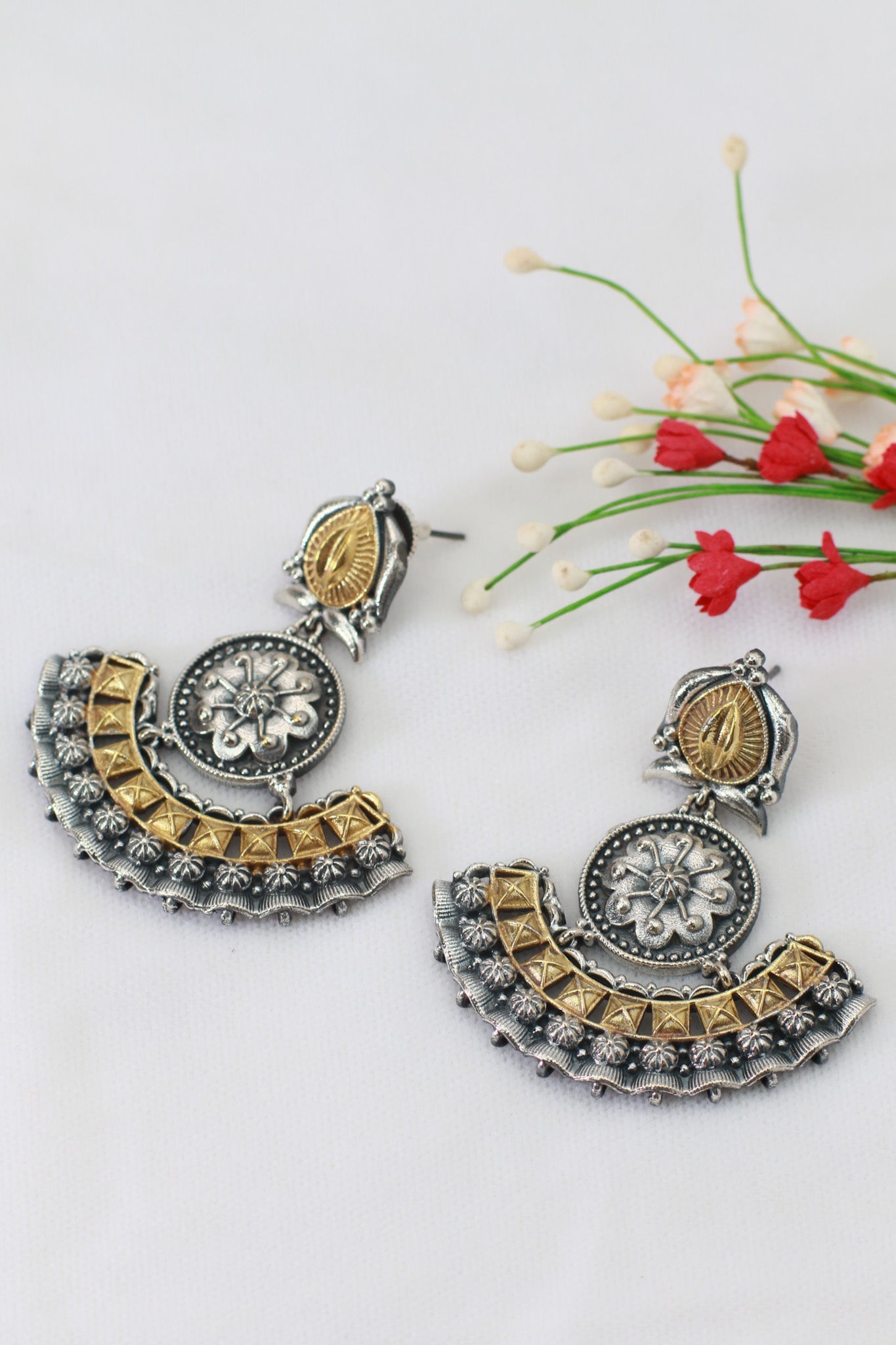 Crescent Shaped Floral German Silver Earrings – Antique Oxidised Dual Tone - Maxiblink