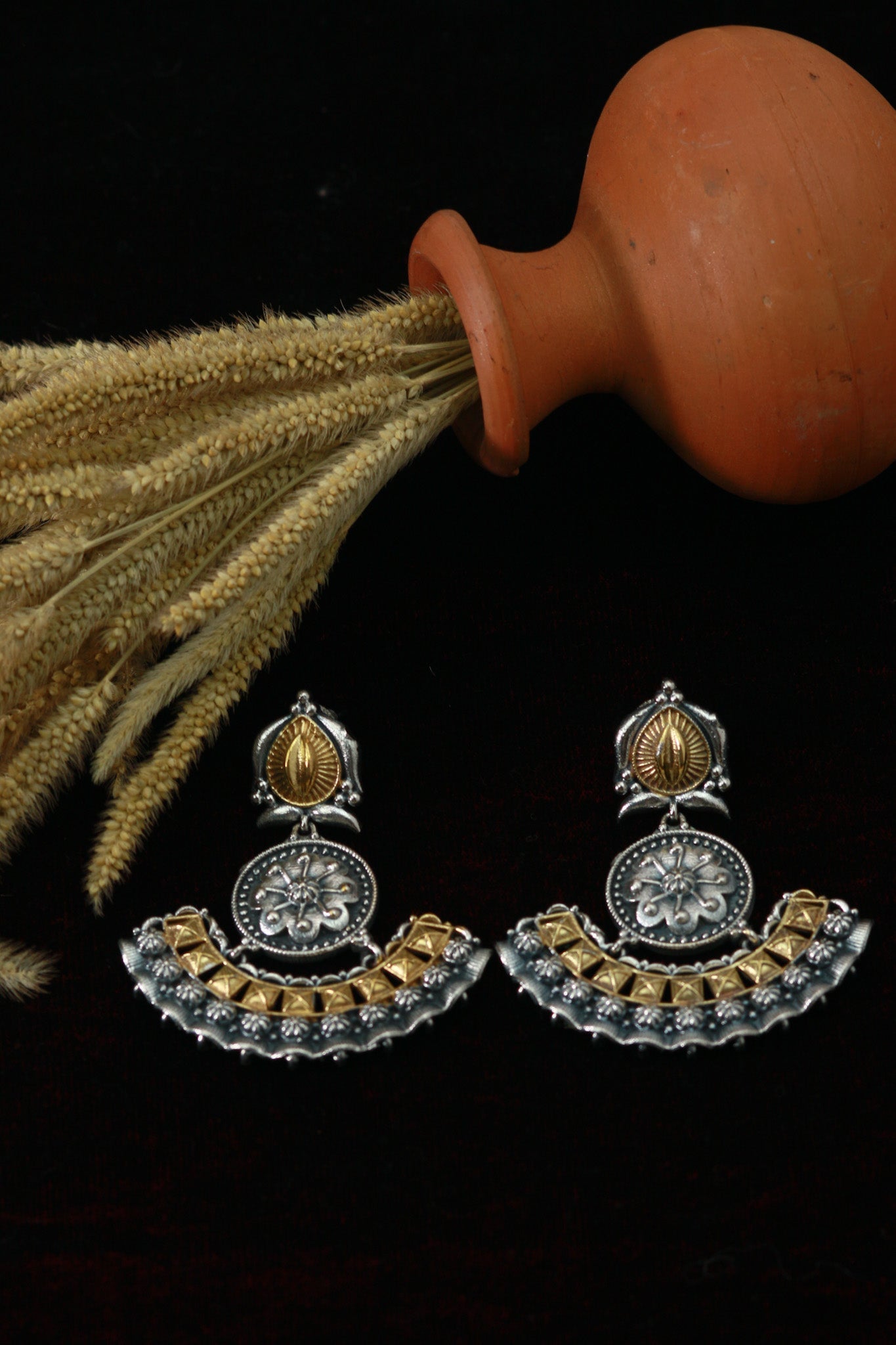Crescent Shaped Floral German Silver Earrings – Antique Oxidised Dual Tone - Maxiblink