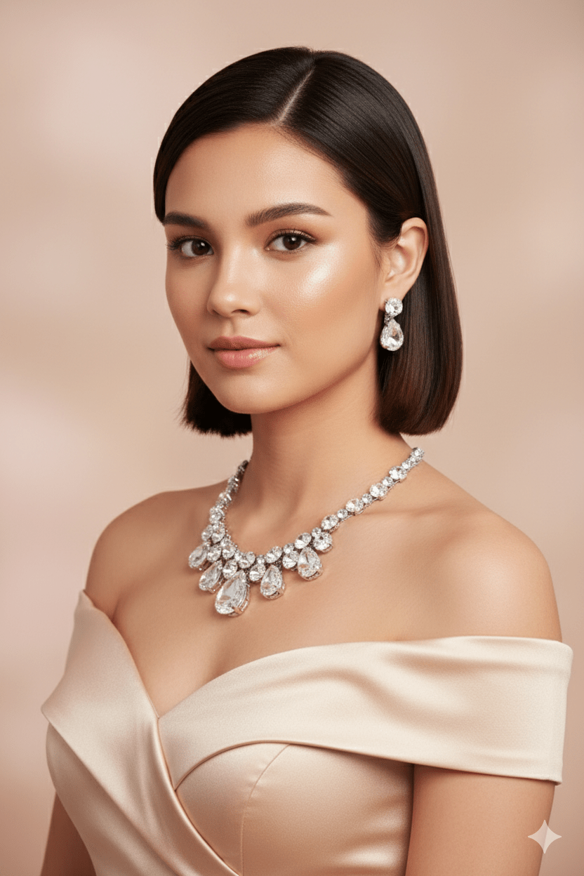 Crystal Clear & Blue Korean Glass Stone Jewelry Necklace Set | Rhodium Plated Elegant Bridal Jewelry with Earrings - Maxiblink