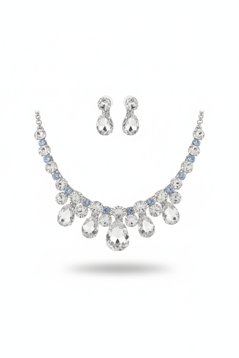 Crystal Clear & Blue Korean Glass Stone Jewelry Necklace Set | Rhodium Plated Elegant Bridal Jewelry with Earrings - Maxiblink