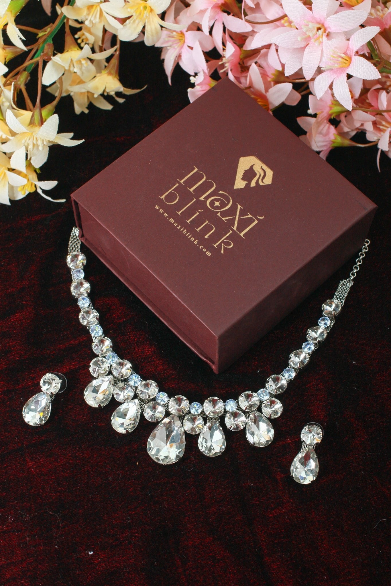 Crystal Clear & Blue Korean Glass Stone Jewelry Necklace Set | Rhodium Plated Elegant Bridal Jewelry with Earrings - Maxiblink