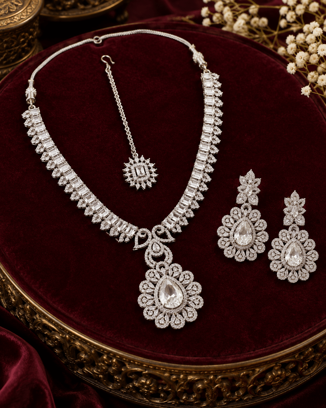 Crystal Flower Necklace Set with Maang Tikka - Maxiblink