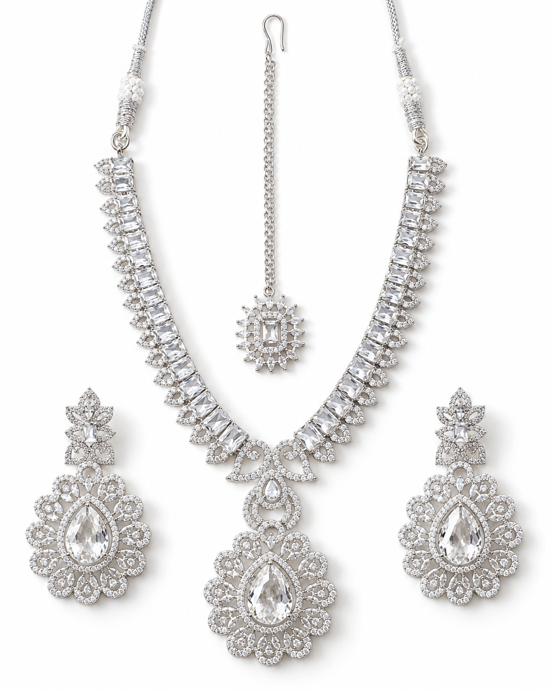 Crystal Flower Necklace Set with Maang Tikka - Maxiblink