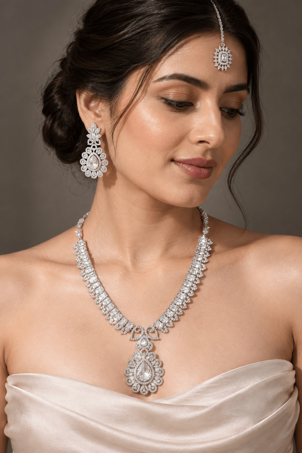 Crystal Flower Necklace Set with Maang Tikka - Maxiblink