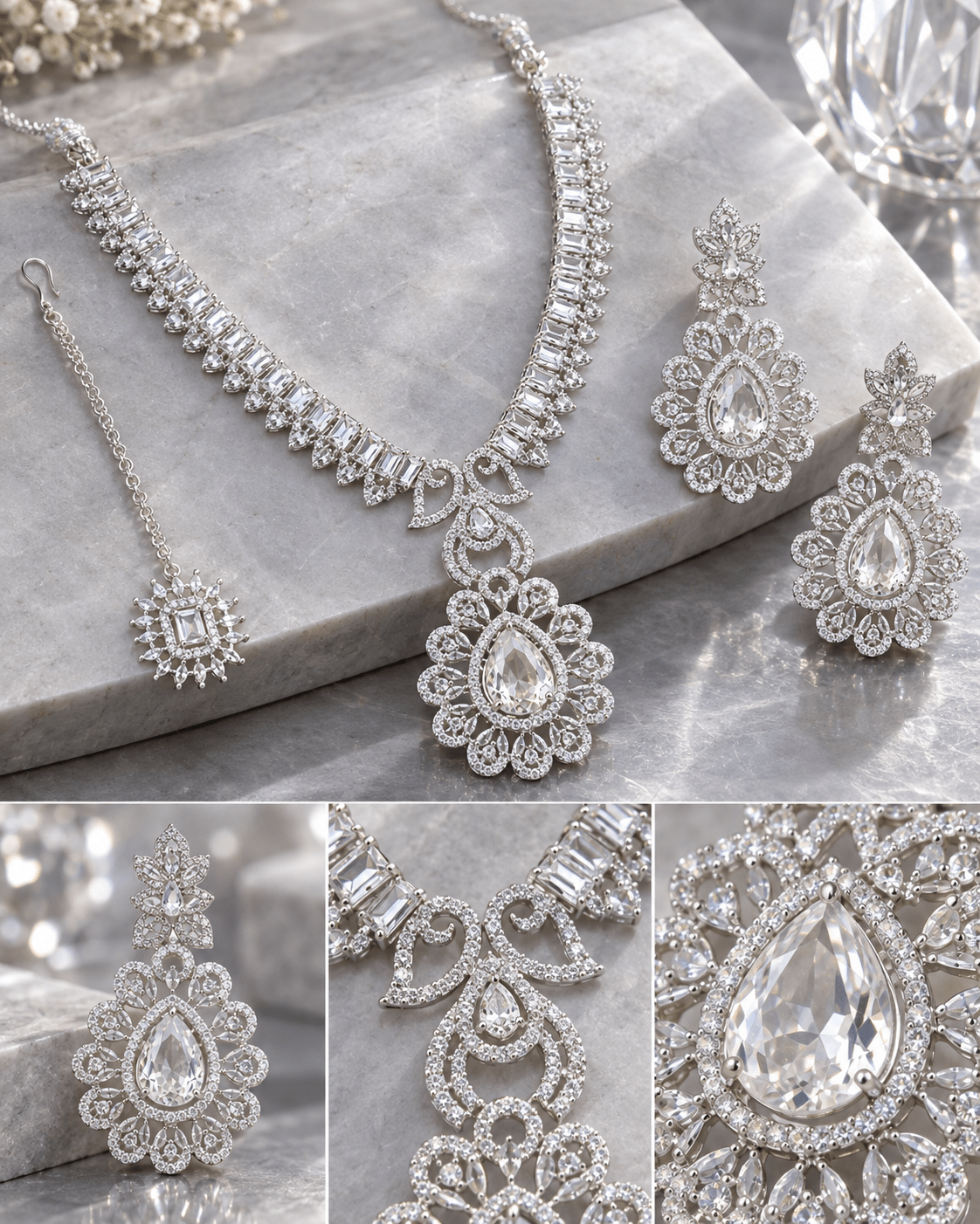 Crystal Flower Necklace Set with Maang Tikka - Maxiblink
