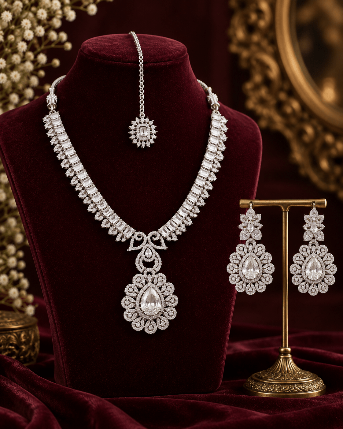 Crystal Flower Necklace Set with Maang Tikka - Maxiblink