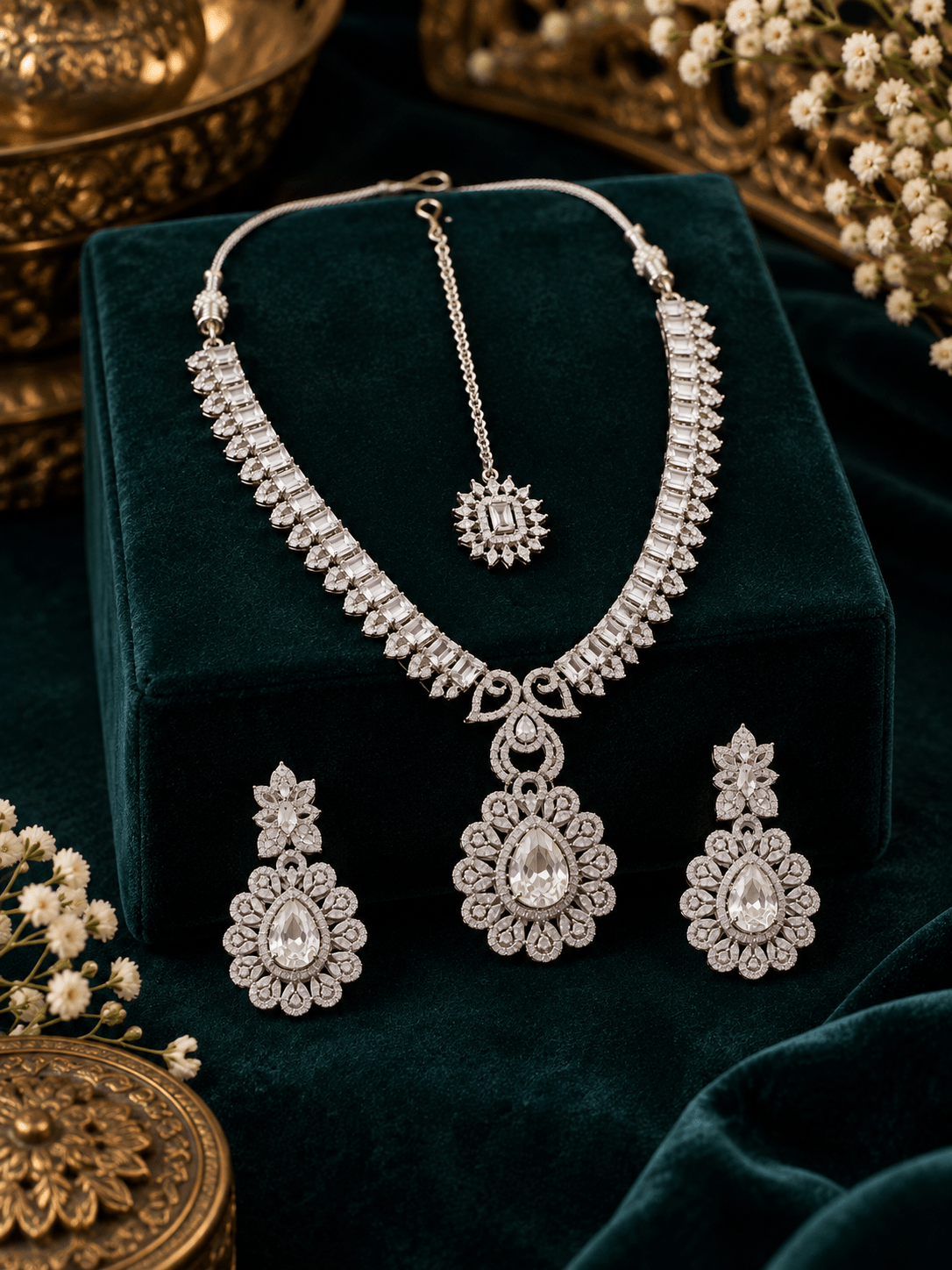Crystal Flower Necklace Set with Maang Tikka - Maxiblink