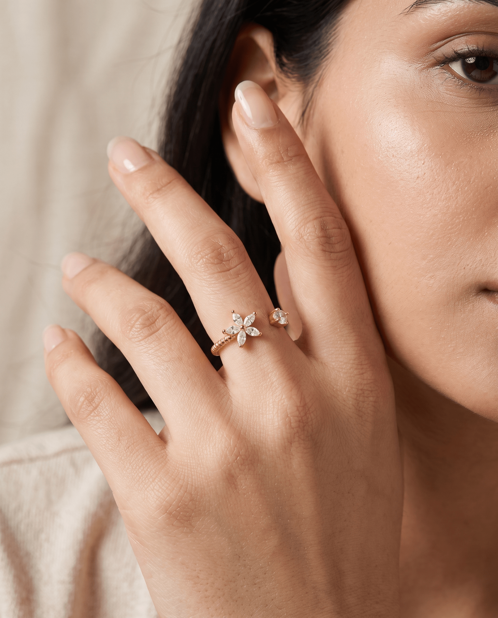 Crystal Flower & Solitaire Rope Band Ring in 18K gold-plated stainless steel — MaxiBlink