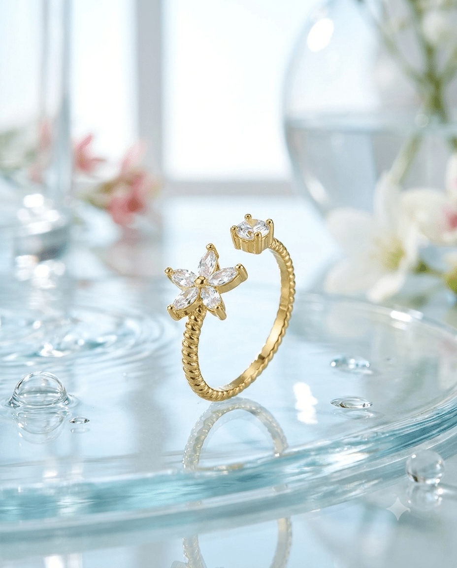gold-plated flower ring — Crystal Flower & Solitaire Rope Band Ring by MaxiBlink