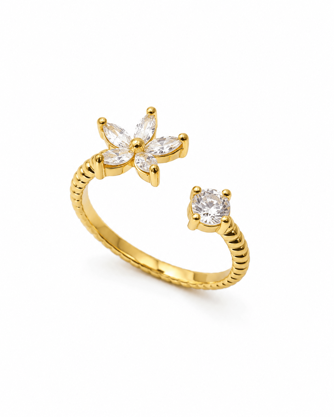 Crystal Flower & Solitaire Rope Band Ring — anti-tarnish adjustable free-size ring, MaxiBlink demi-fine