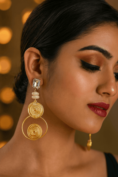 Crystal & Gold Spiral Statement Earrings – Luxe Anti - Tarnish Party Wear - Maxiblink