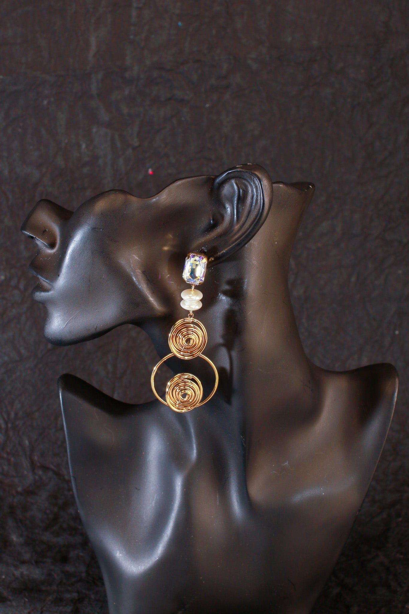 Crystal & Gold Spiral Statement Earrings – Luxe Anti - Tarnish Party Wear - Maxiblink