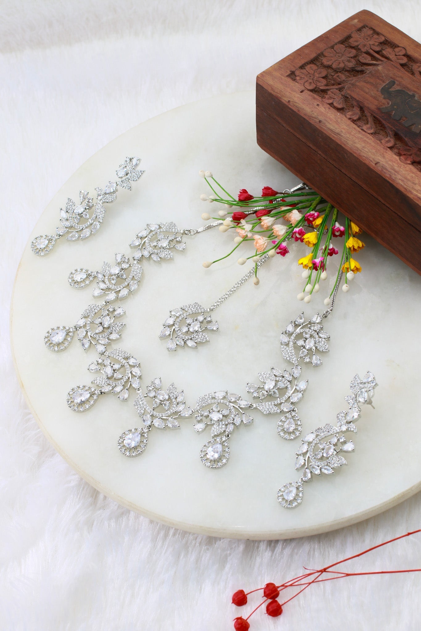 Crystal Leaf Drop Necklace Set with Teardrop Accents | Luxury Bridal Jewellery - Maxiblink
