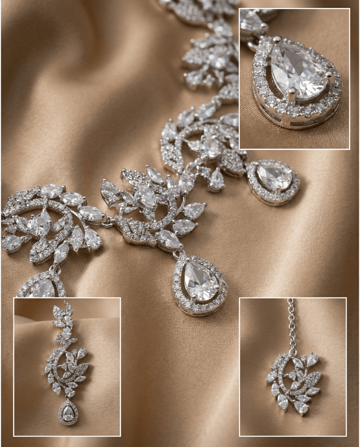 Crystal Leaf Drop Necklace Set with Teardrop Accents | Luxury Bridal Jewellery - Maxiblink