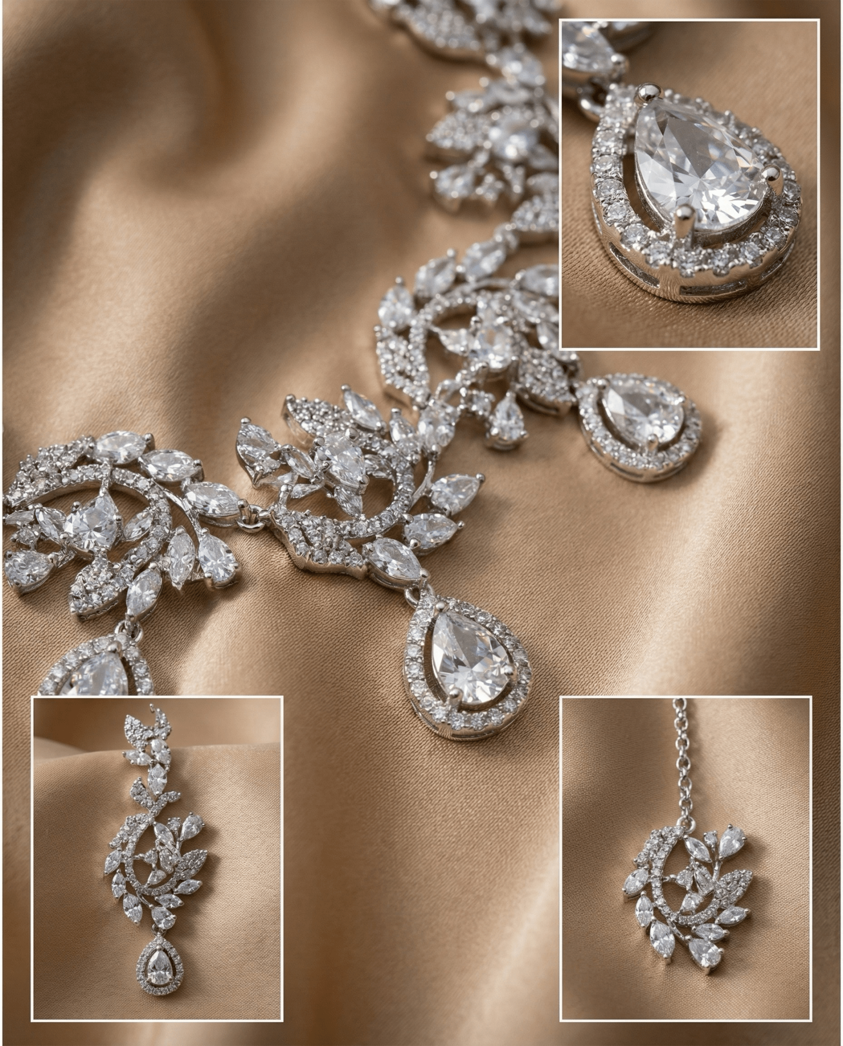 Crystal Leaf Drop Necklace Set with Teardrop Accents | Luxury Bridal Jewellery - Maxiblink