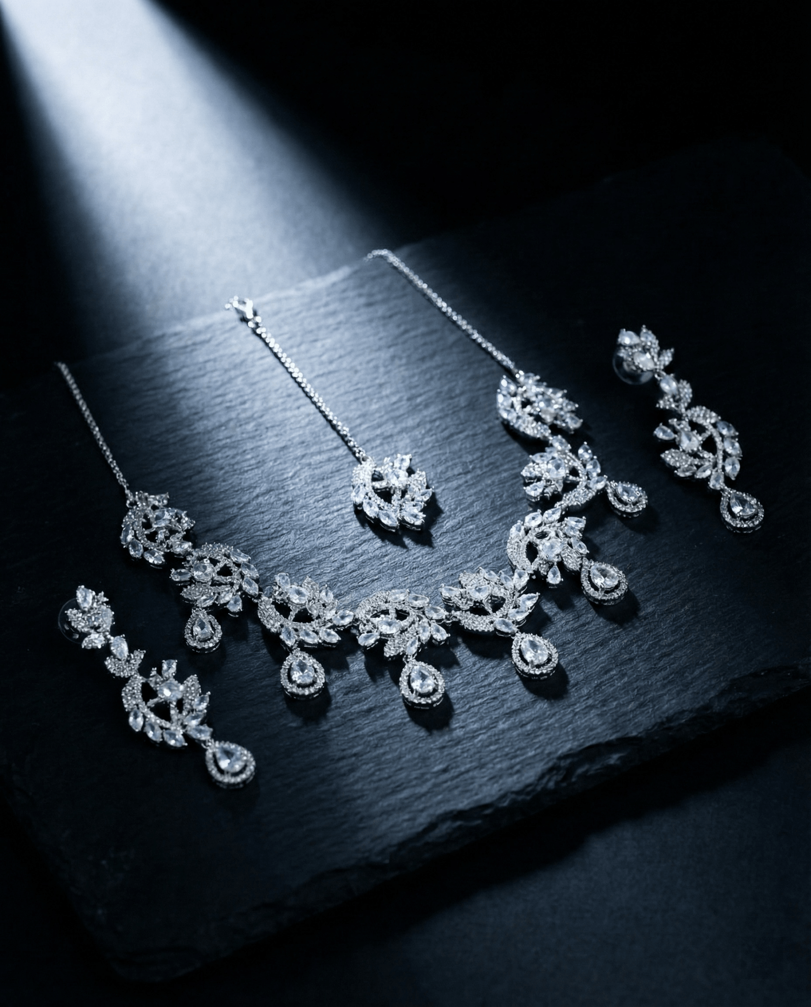 Crystal Leaf Drop Necklace Set with Teardrop Accents | Luxury Bridal Jewellery - Maxiblink