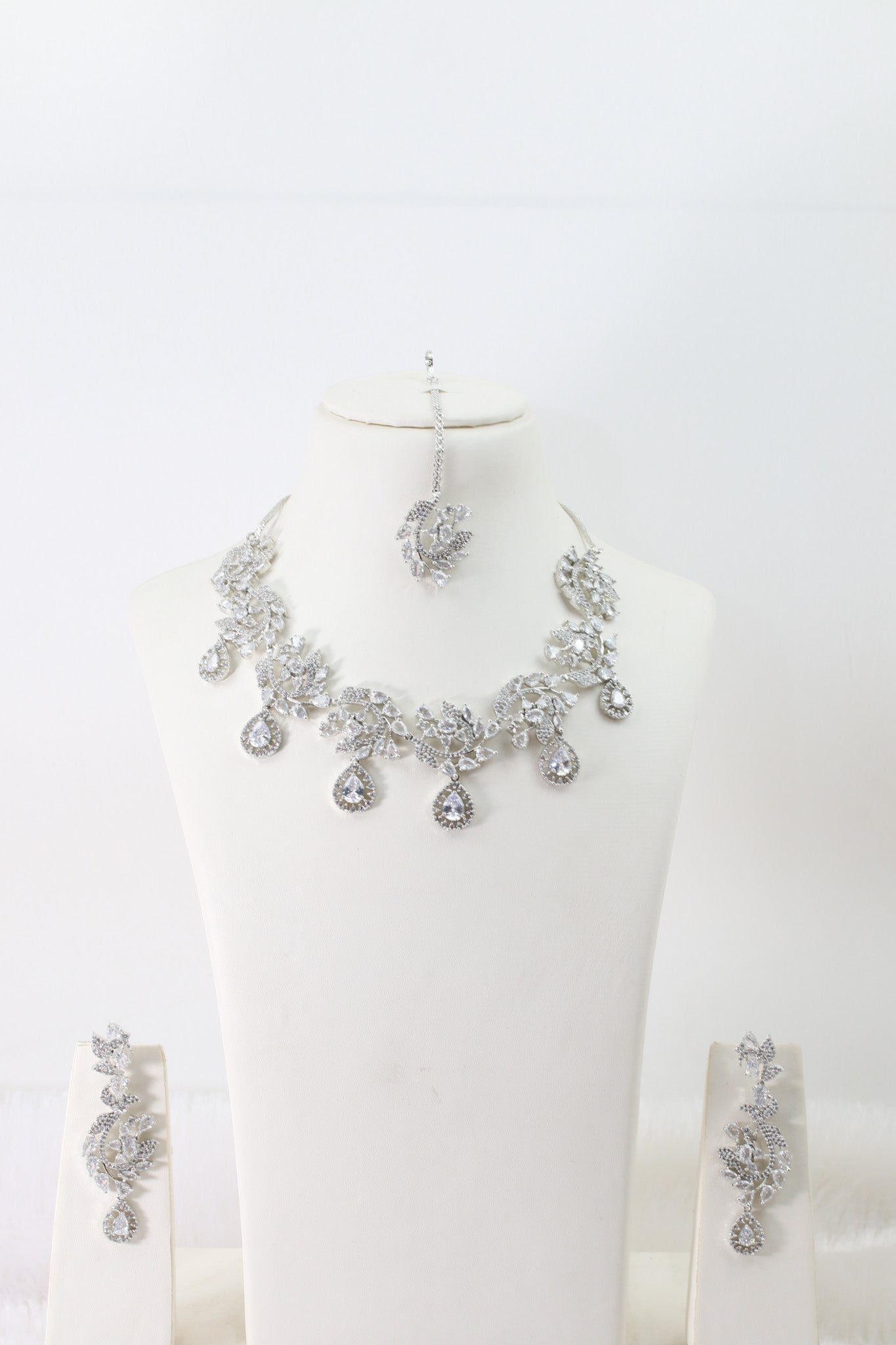 Crystal Leaf Drop Necklace Set with Teardrop Accents | Luxury Bridal Jewellery - Maxiblink