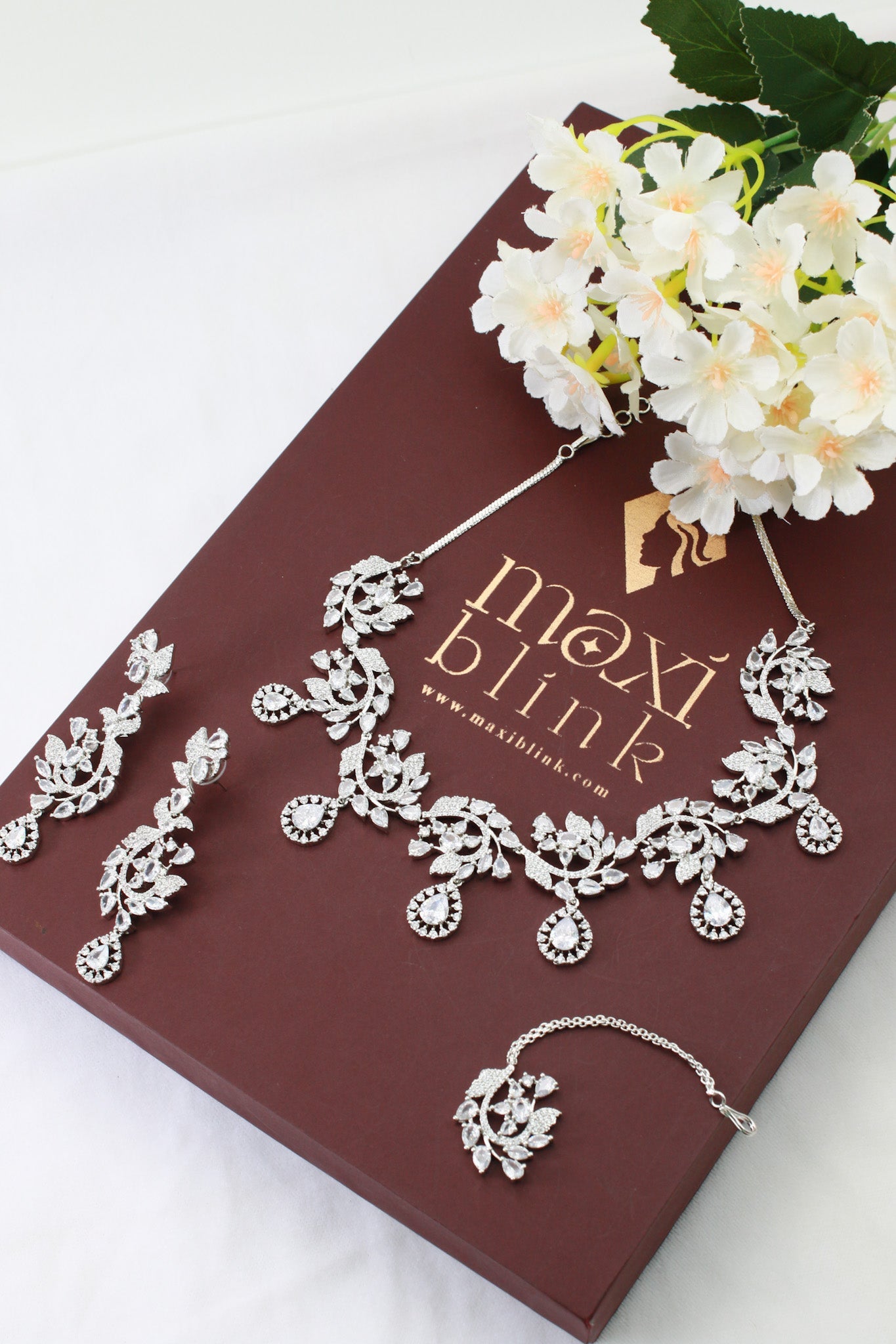 Crystal Leaf Drop Necklace Set with Teardrop Accents | Luxury Bridal Jewellery - Maxiblink