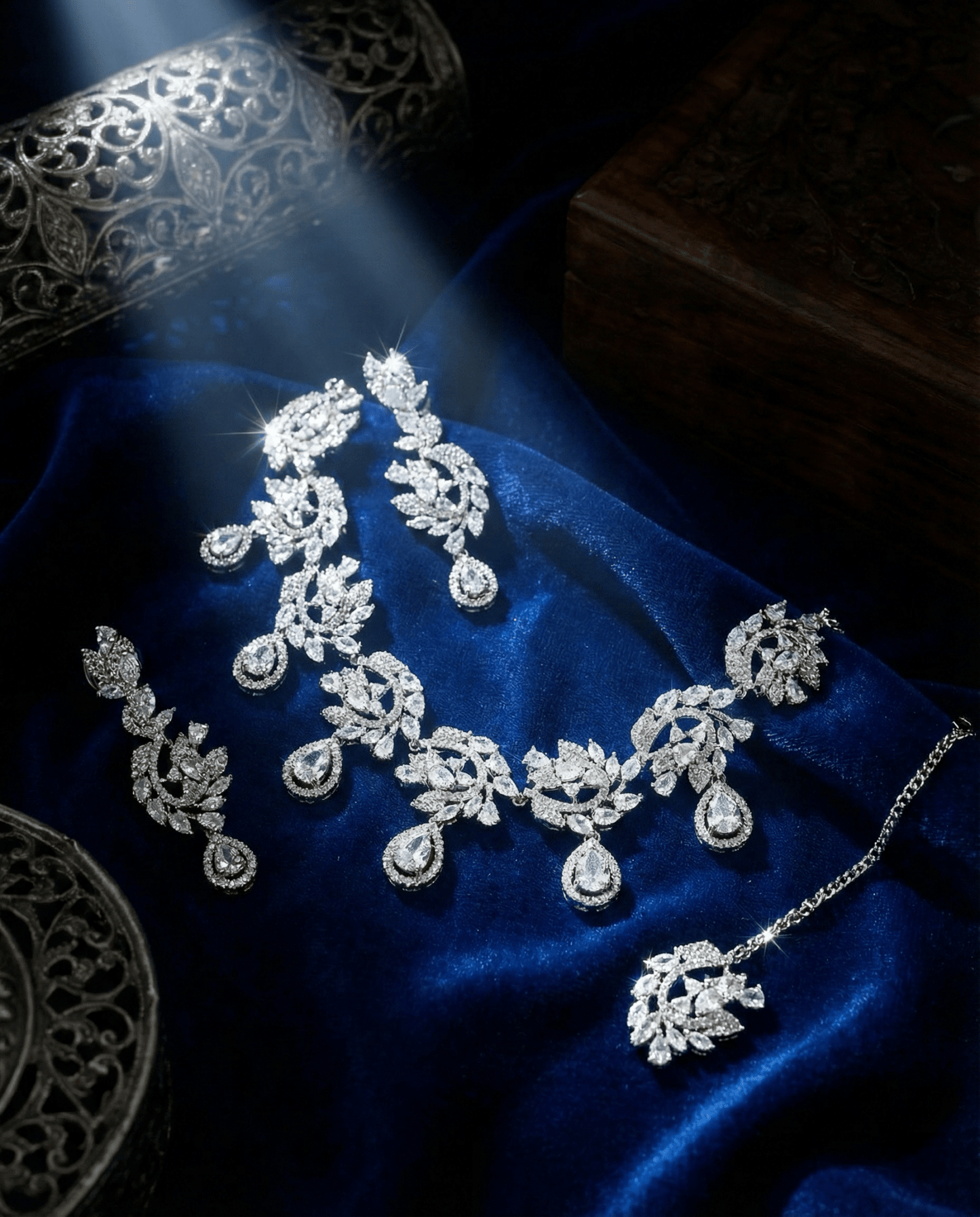 Crystal Leaf Drop Necklace Set with Teardrop Accents | Luxury Bridal Jewellery - Maxiblink