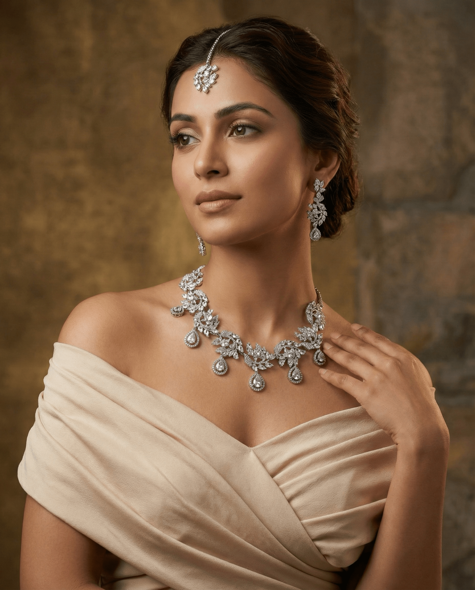 Crystal Leaf Drop Necklace Set with Teardrop Accents | Luxury Bridal Jewellery - Maxiblink