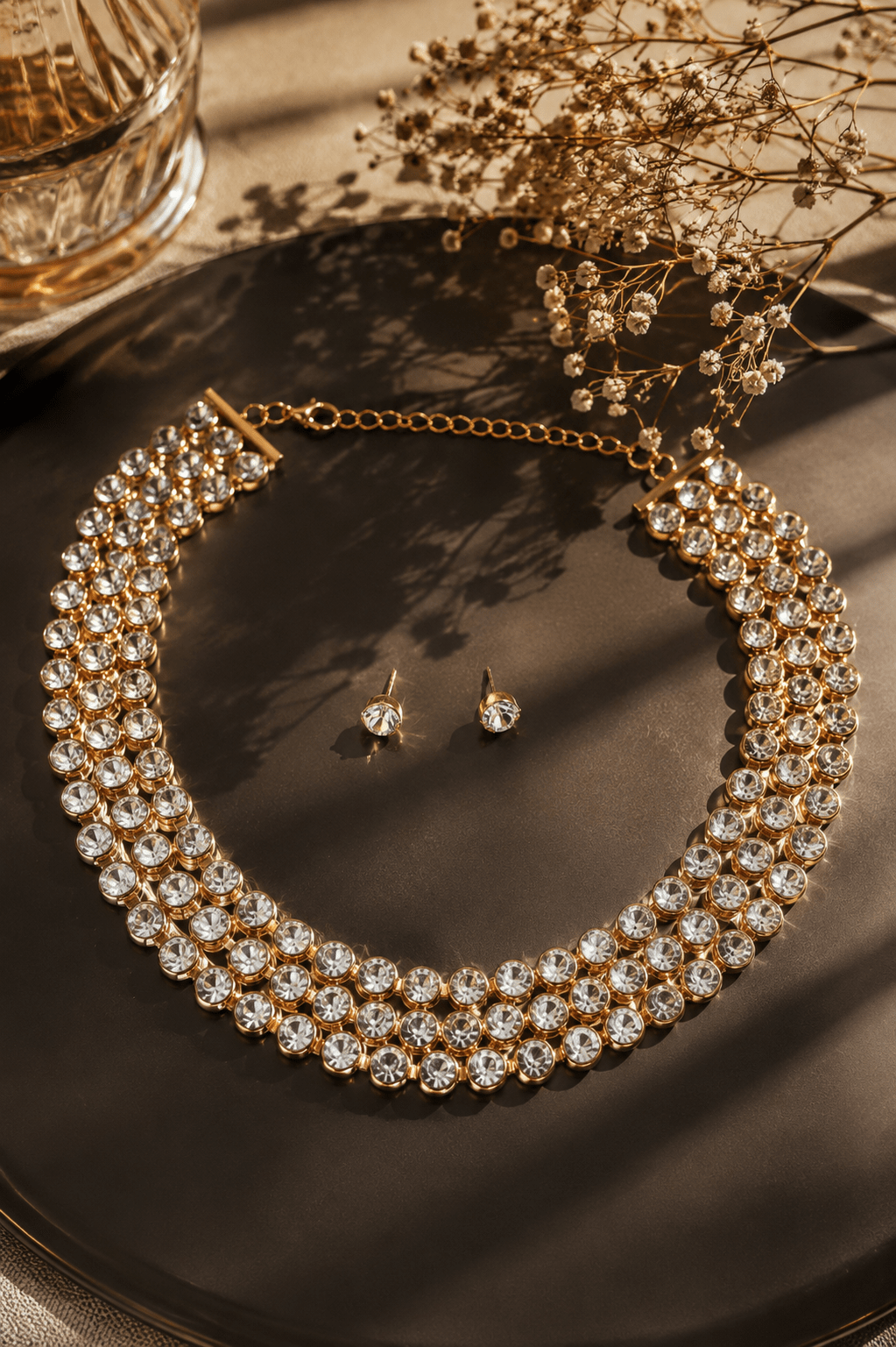 Crystal Rhinestone Multi - Row Collar Necklace & Earring Set - Maxiblink