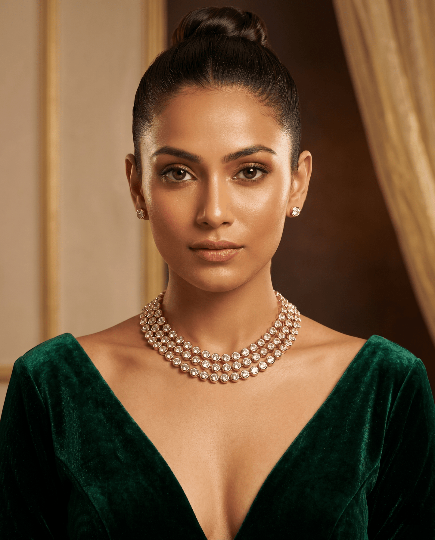 Crystal Rhinestone Multi - Row Collar Necklace & Earring Set - Maxiblink