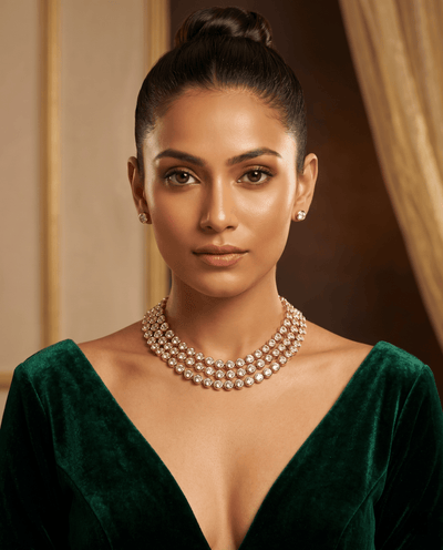 Crystal Rhinestone Multi - Row Collar Necklace & Earring Set - Maxiblink