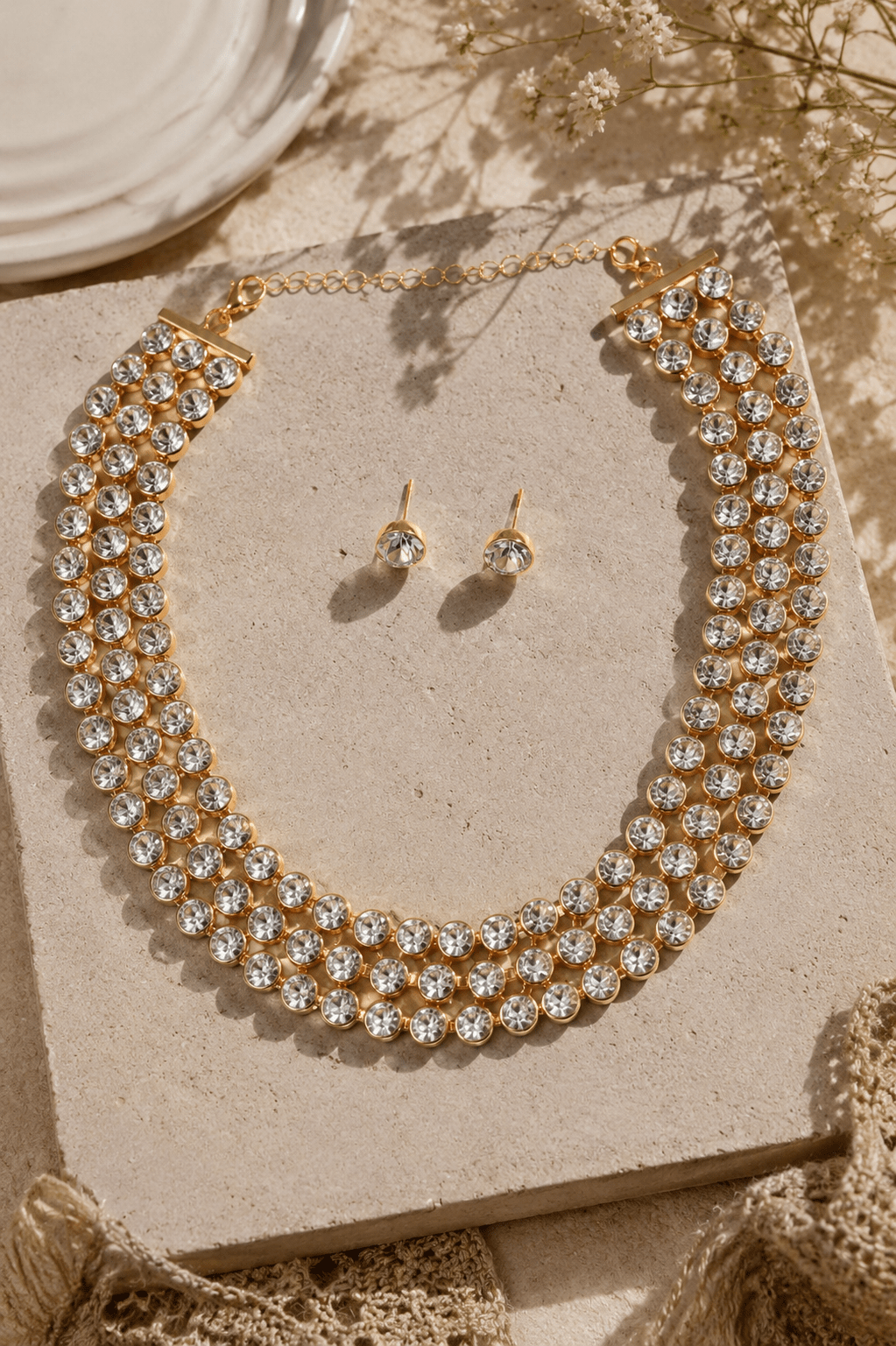 Crystal Rhinestone Multi - Row Collar Necklace & Earring Set - Maxiblink