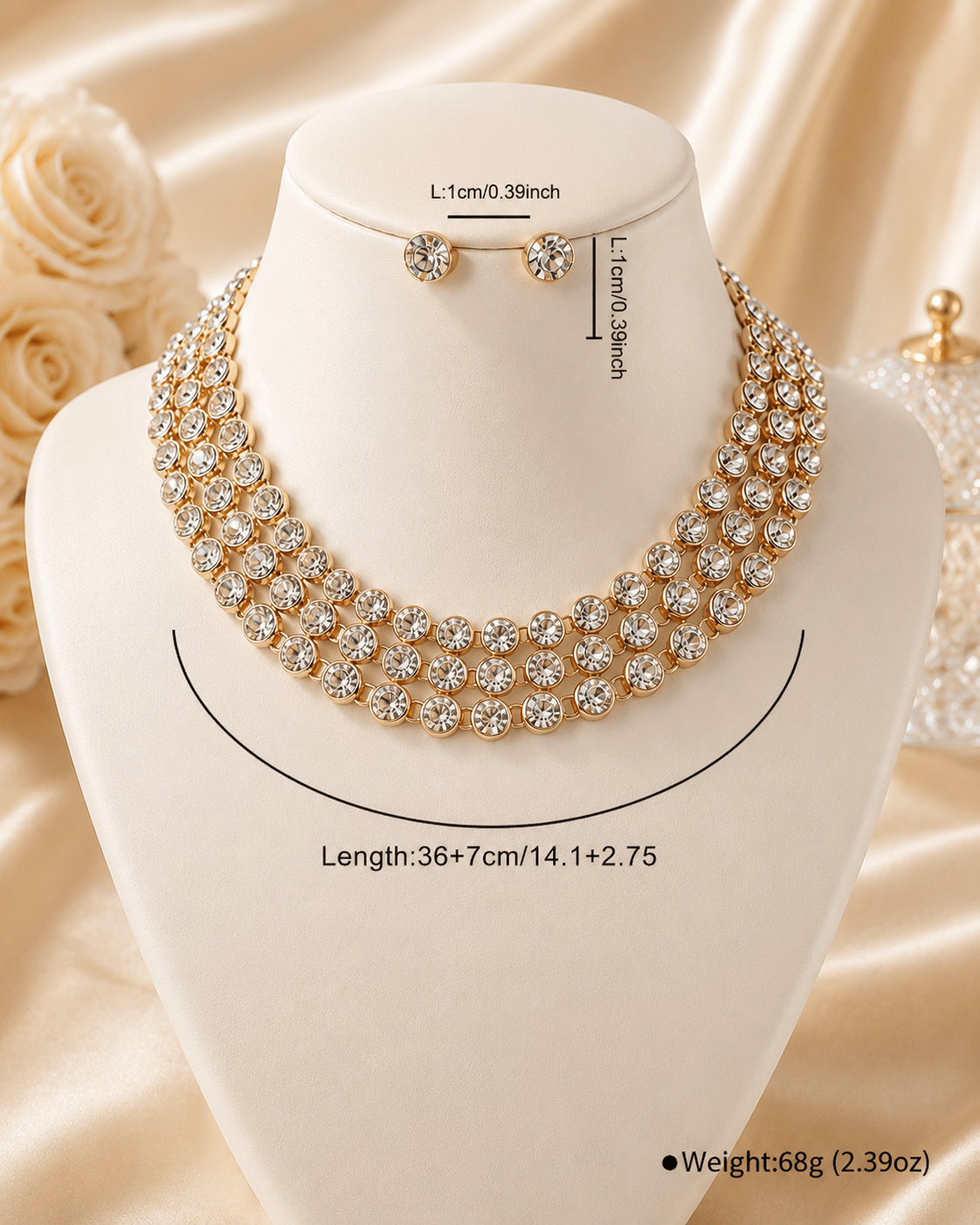Crystal Rhinestone Multi - Row Collar Necklace & Earring Set - Maxiblink