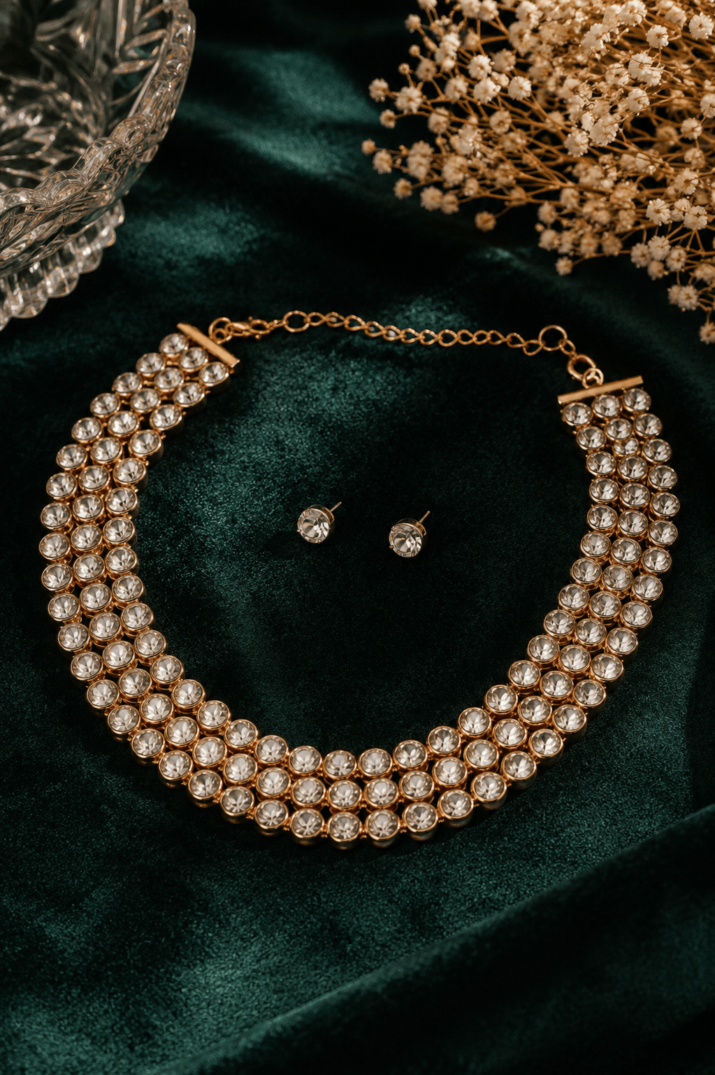 Crystal Rhinestone Multi - Row Collar Necklace & Earring Set - Maxiblink