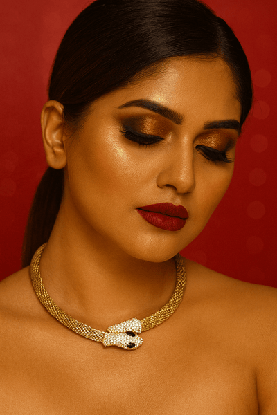 Crystal - Studded Panther Head Mesh Choker Necklace - Maxiblink