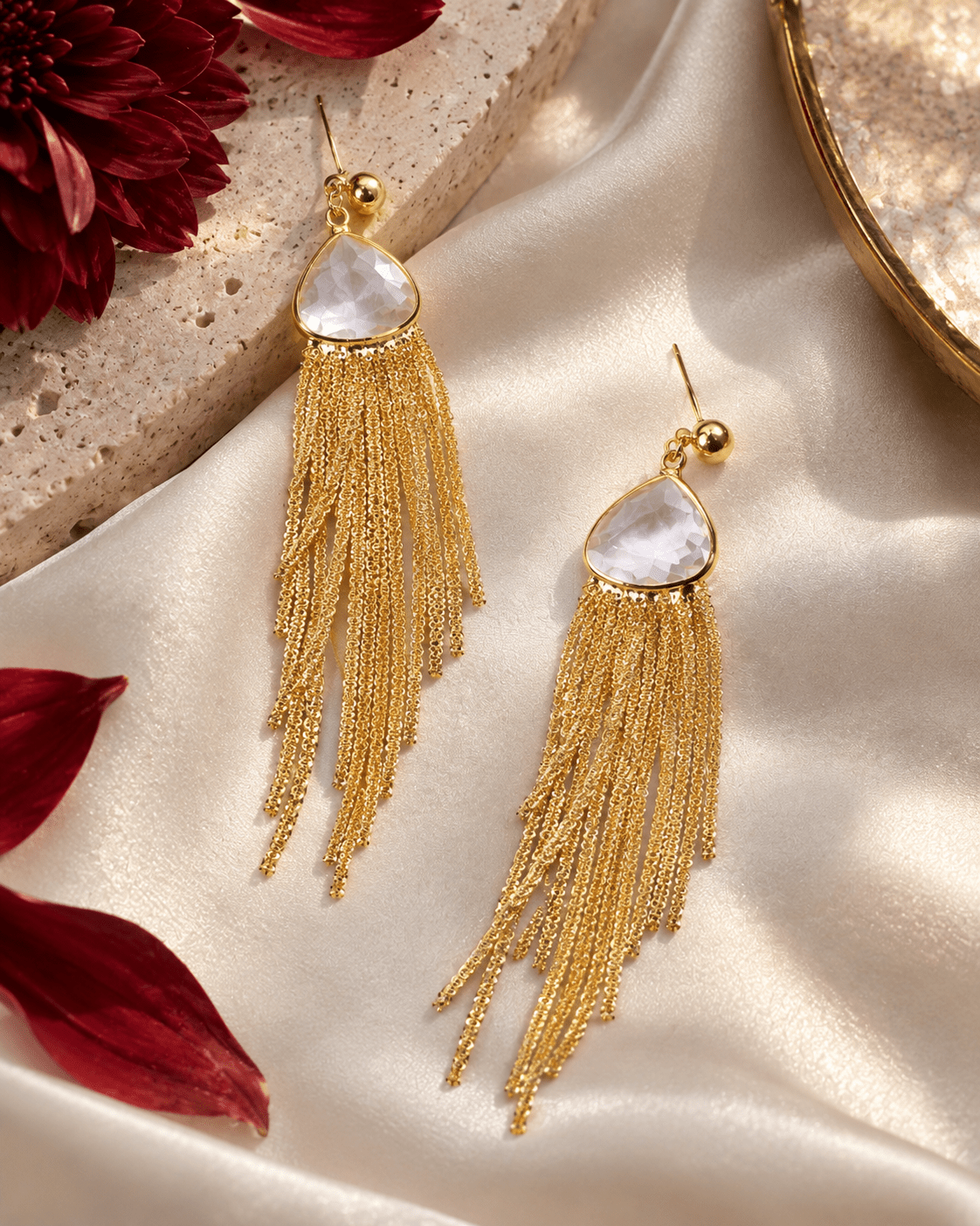 Crystal Teardrop Tassel Fringe Earrings - Maxiblink
