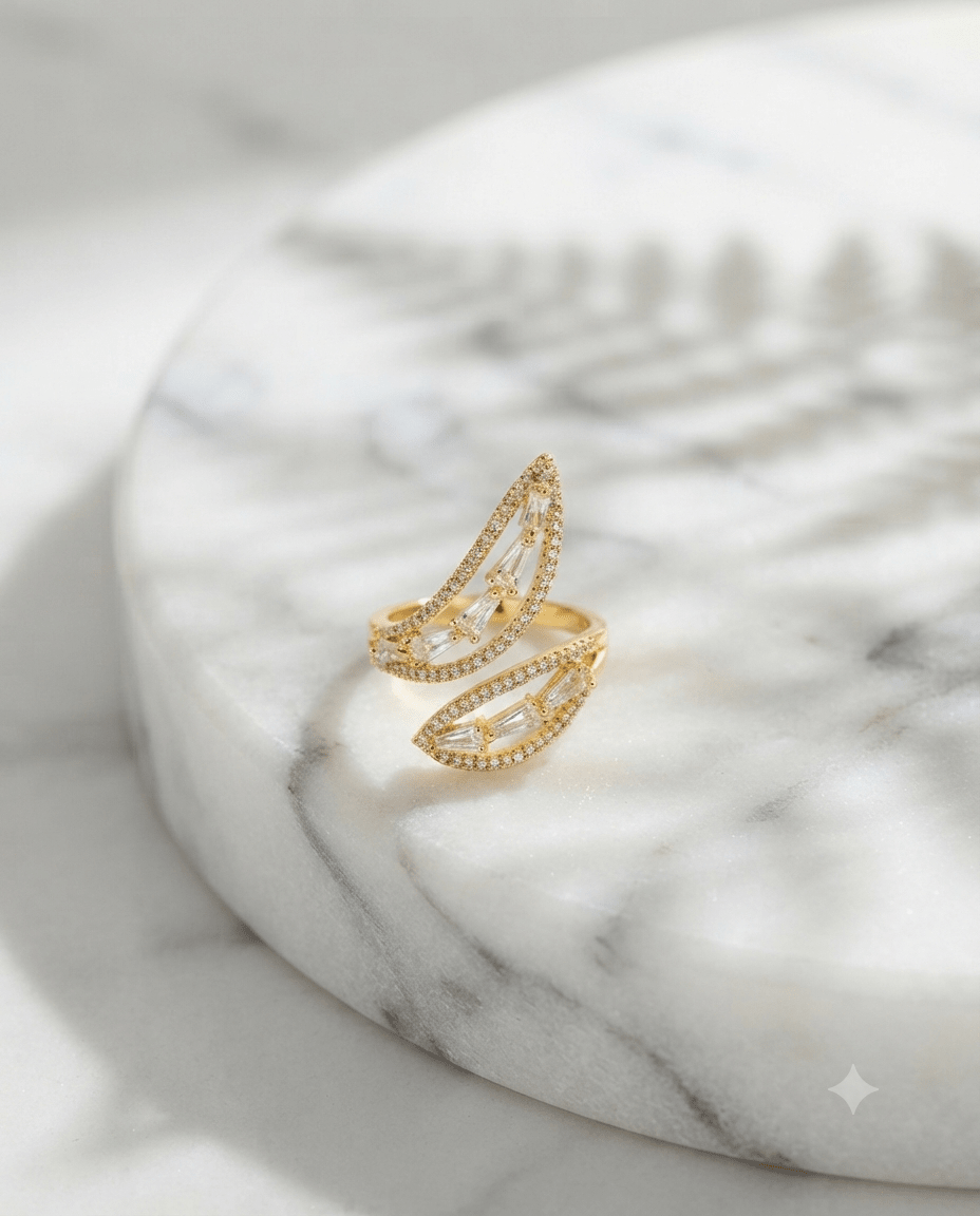 Crystal Twin Wing Wrap Ring close-up detail — 18K gold-plated anti-tarnish ring, MaxiBlink