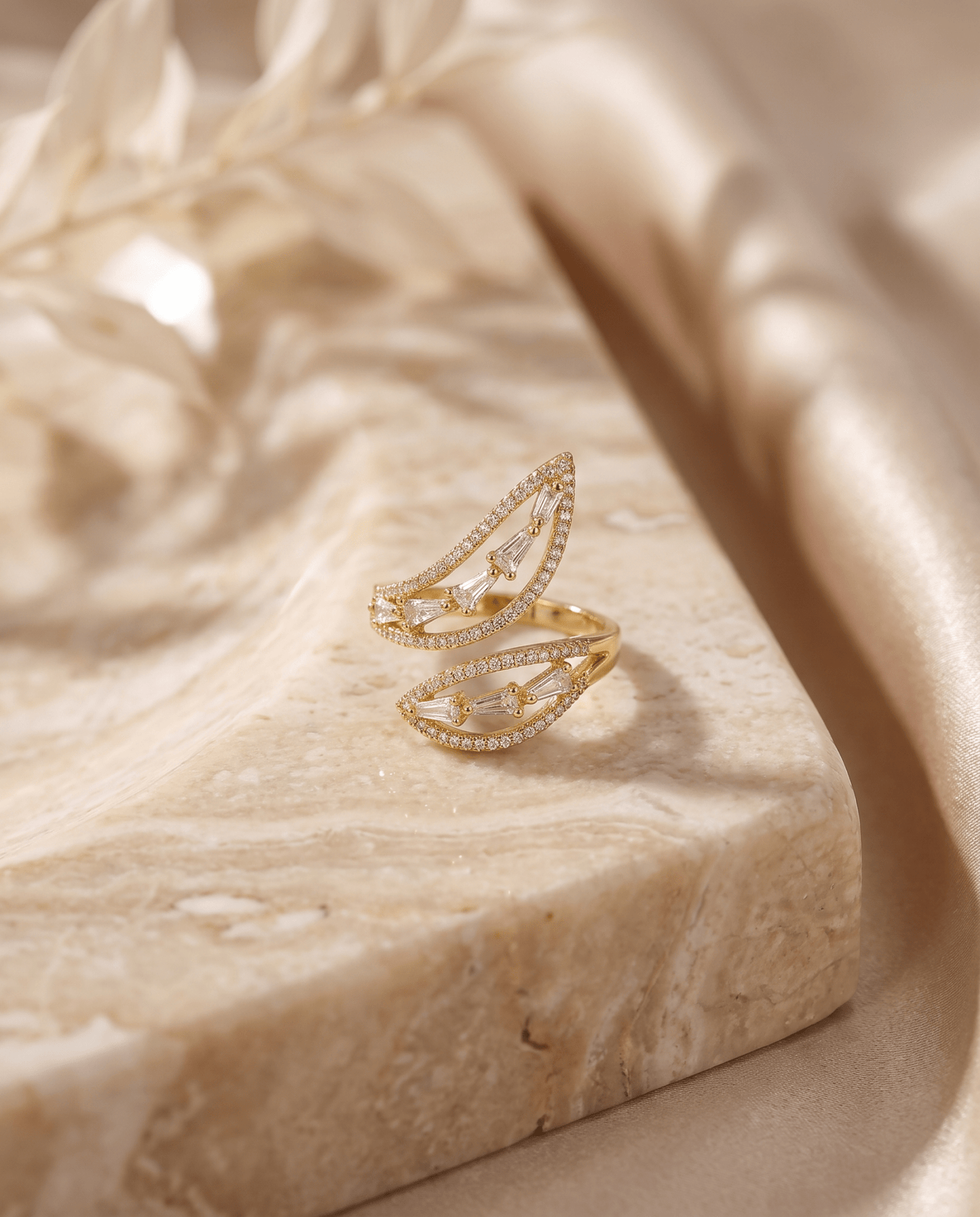 Crystal Twin Wing Wrap Ring, free-size open band — MaxiBlink gold-plated demi-fine jewellery