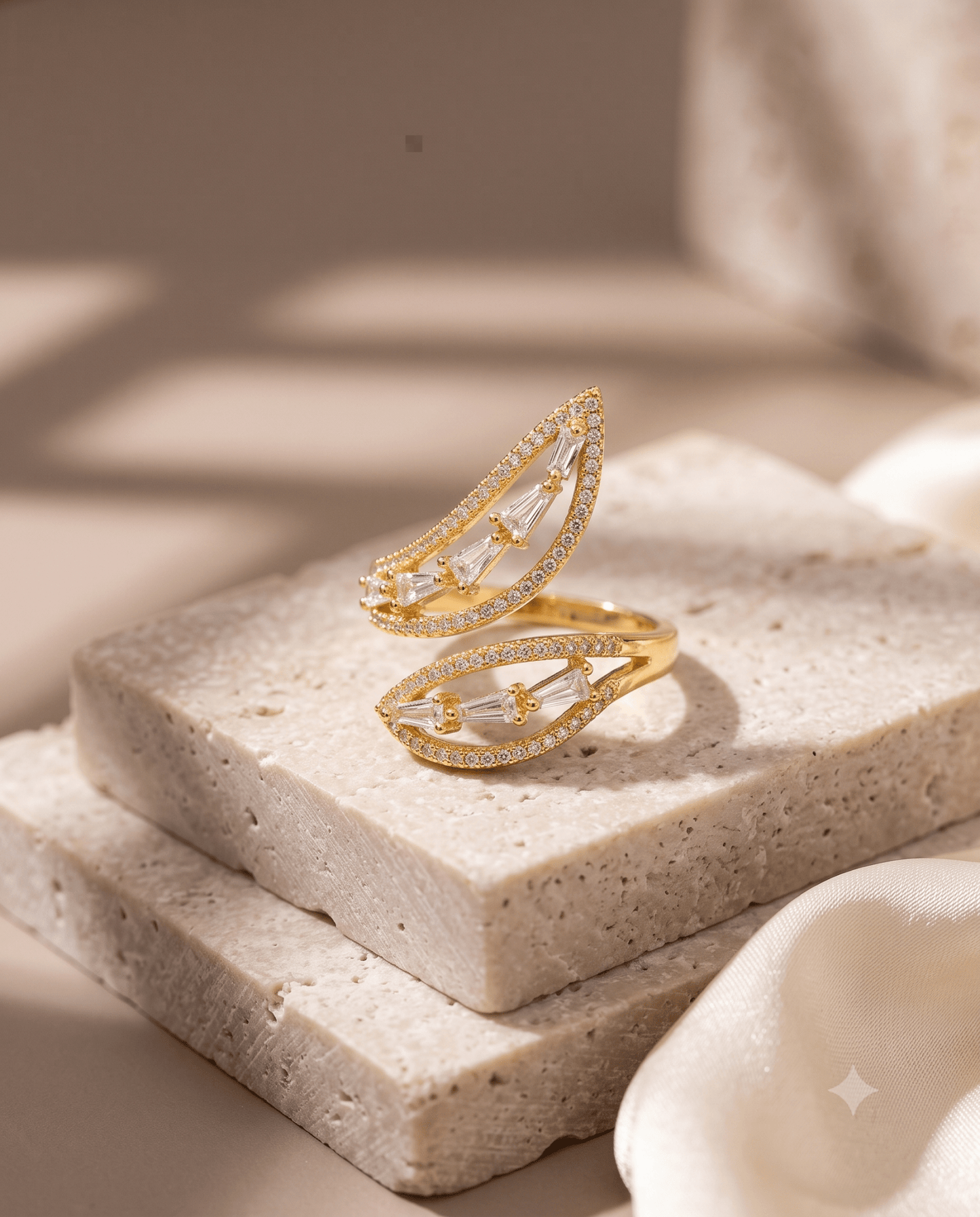 gold-plated baguette ring — Crystal Twin Wing Wrap Ring by MaxiBlink