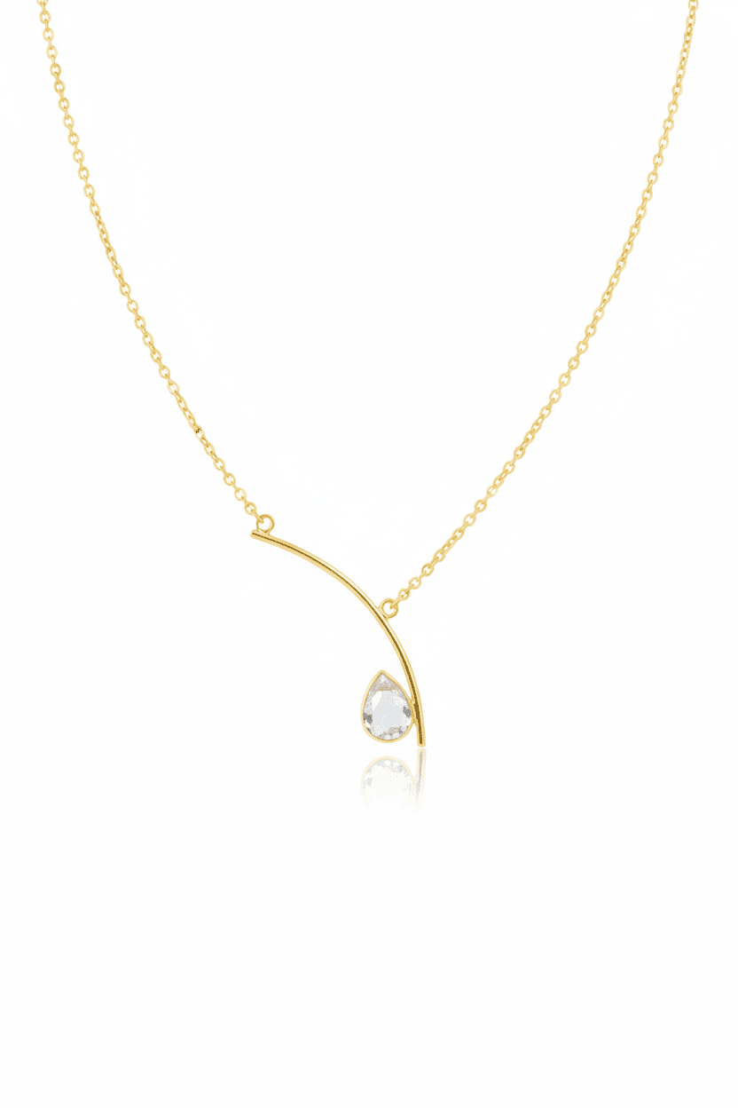 Curved Bar Chain Necklace with Clear Teardrop Natural Stone | Brass Anti Tarnish | Lightweight - Maxiblink