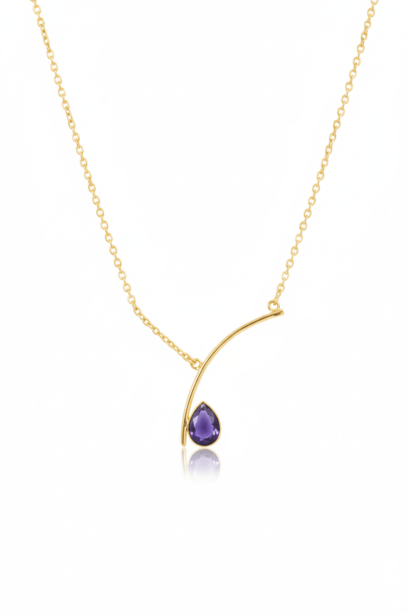 Curved Bar Chain Necklace with Purple Teardrop Natural Stone | Brass Anti Tarnish | Lightweight - Maxiblink