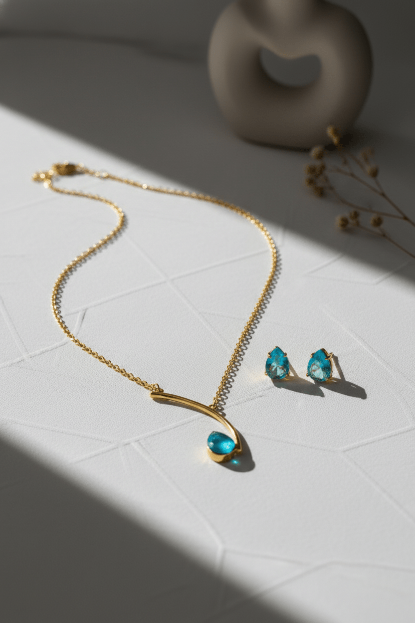 Curved Bar Natural Stone Drop Pendant Necklace – Gold Plated Brass Minimal Designer Jewelry - Maxiblink
