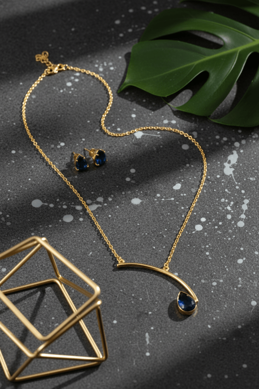 Curved Bar Natural Stone Drop Pendant Necklace – Gold Plated Brass Minimal Designer Jewelry - Maxiblink