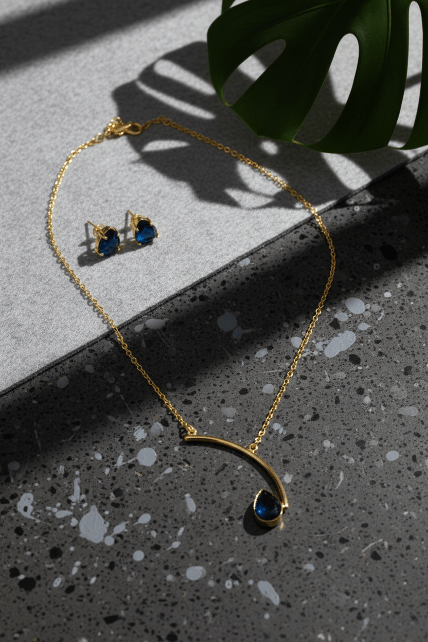 Curved Bar Natural Stone Drop Pendant Necklace – Gold Plated Brass Minimal Designer Jewelry - Maxiblink