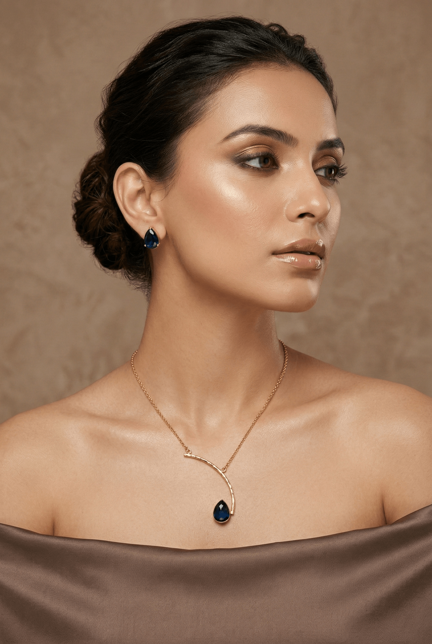 Curved Bar Natural Stone Drop Pendant Necklace – Gold Plated Brass Minimal Designer Jewelry - Maxiblink