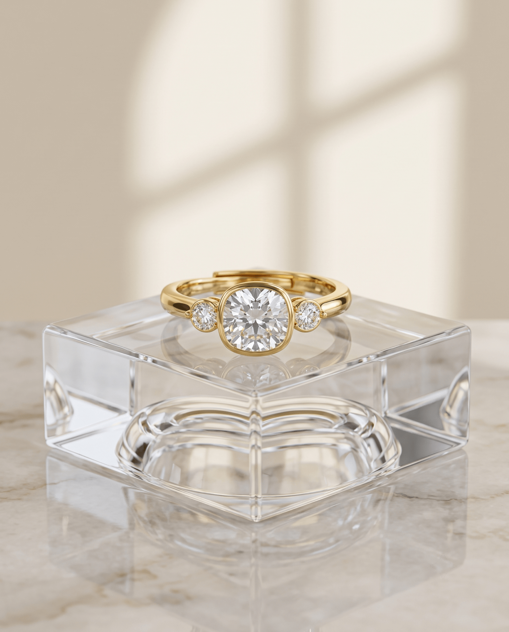 gold-plated solitaire ring — Cushion Crystal Three-Stone Ring by MaxiBlink