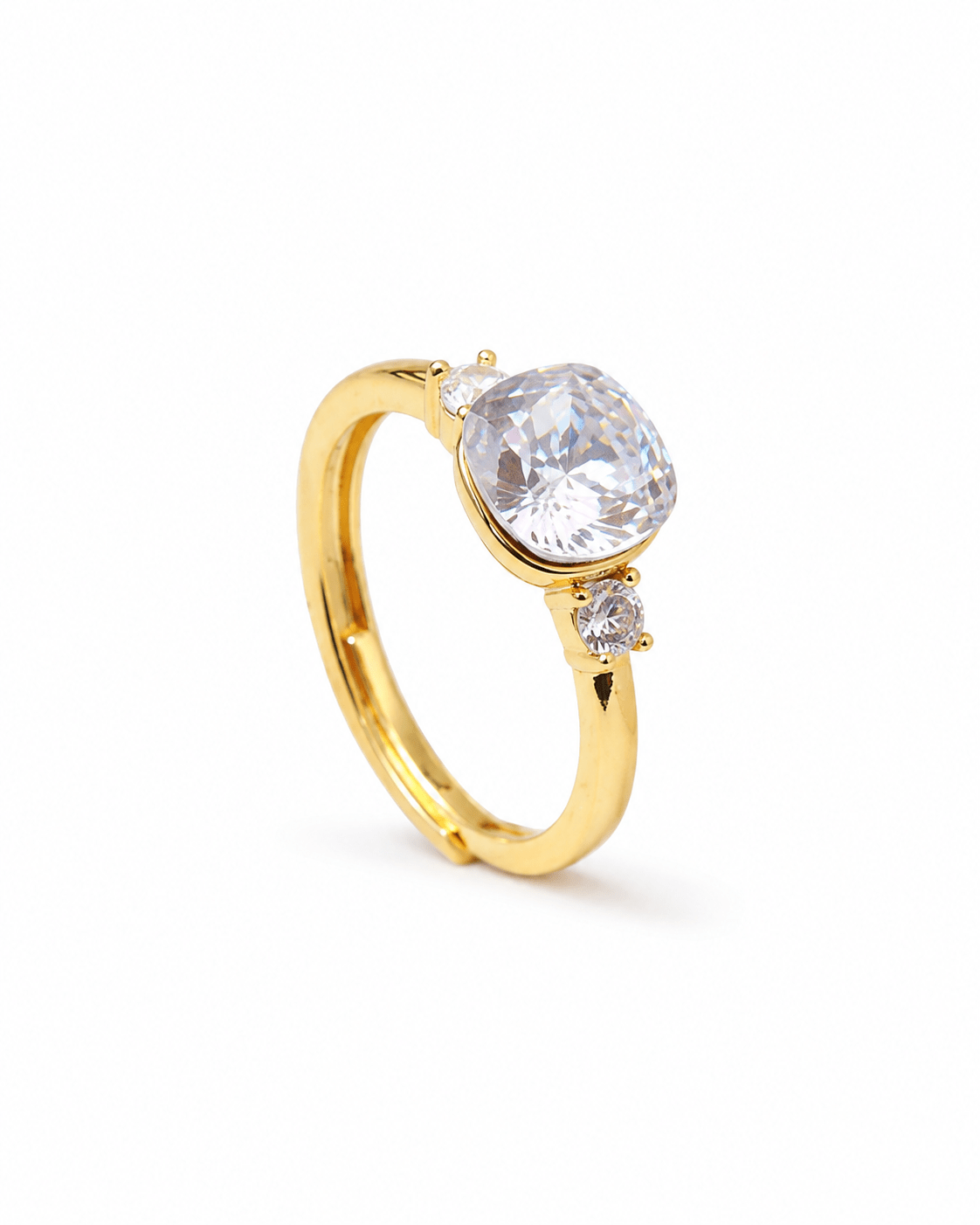 Cushion Crystal Three-Stone Ring — anti-tarnish adjustable free-size ring, MaxiBlink demi-fine