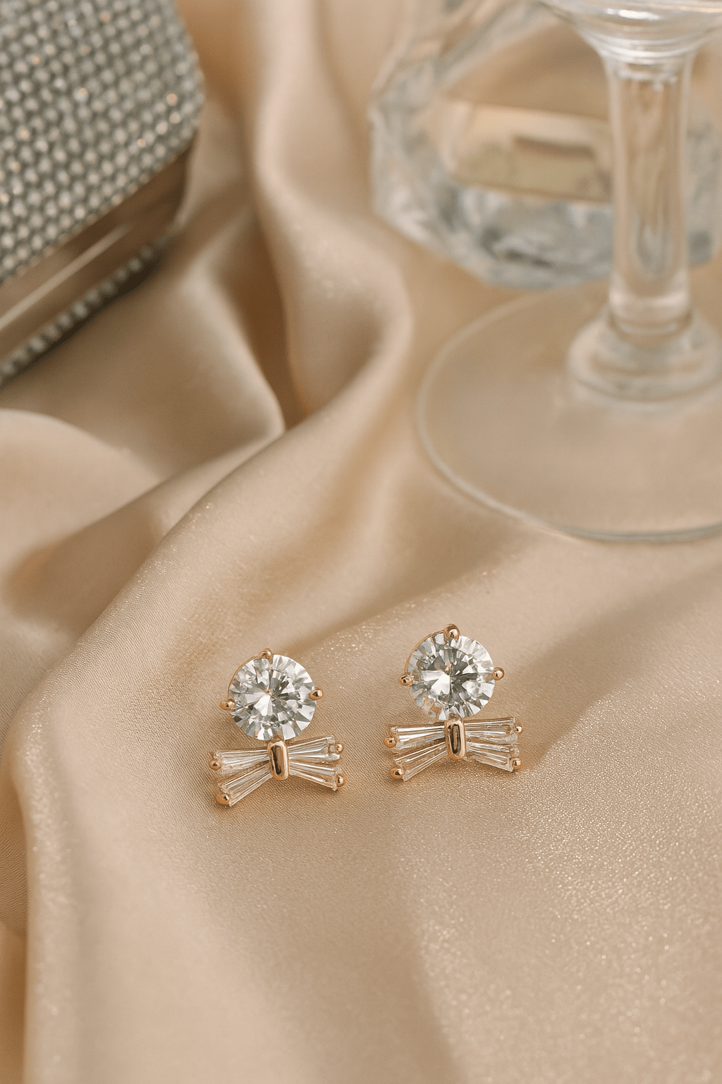 Dainty Anti - Tarnish Bow Stud Earrings with Oval CZ – Everyday Elegant Top - Maxiblink