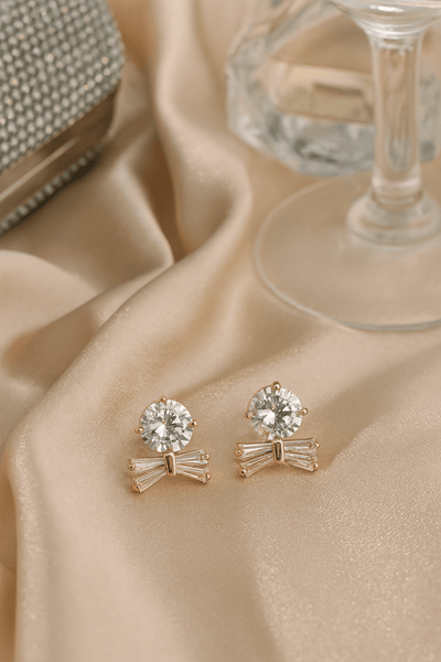 Dainty Anti - Tarnish Bow Stud Earrings with Oval CZ – Everyday Elegant Top - Maxiblink